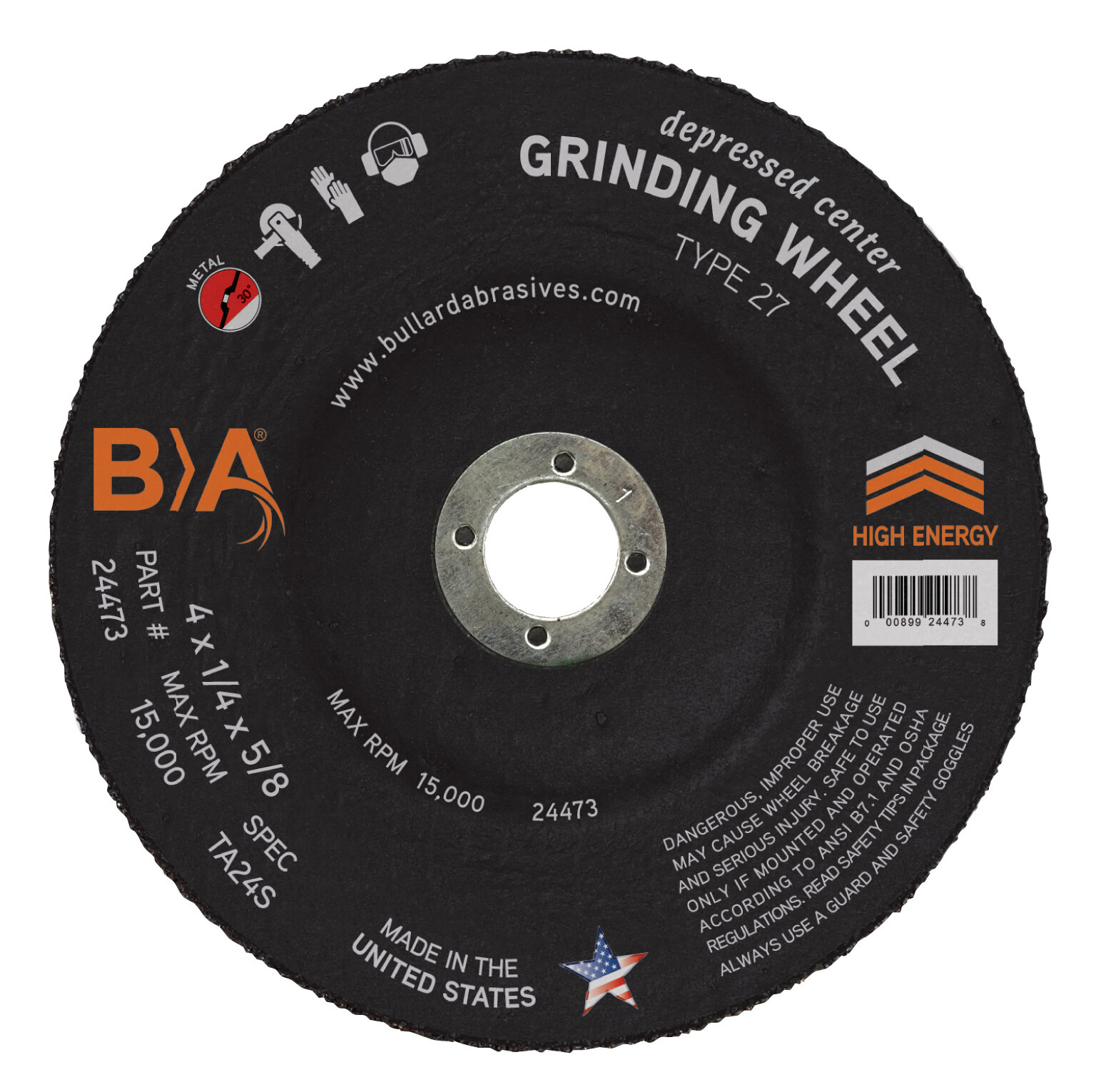 24473 Bullard Abrasives 4 x 1/4 x 5/8 Depressed Center Grinding Wheel TA24S Type 27