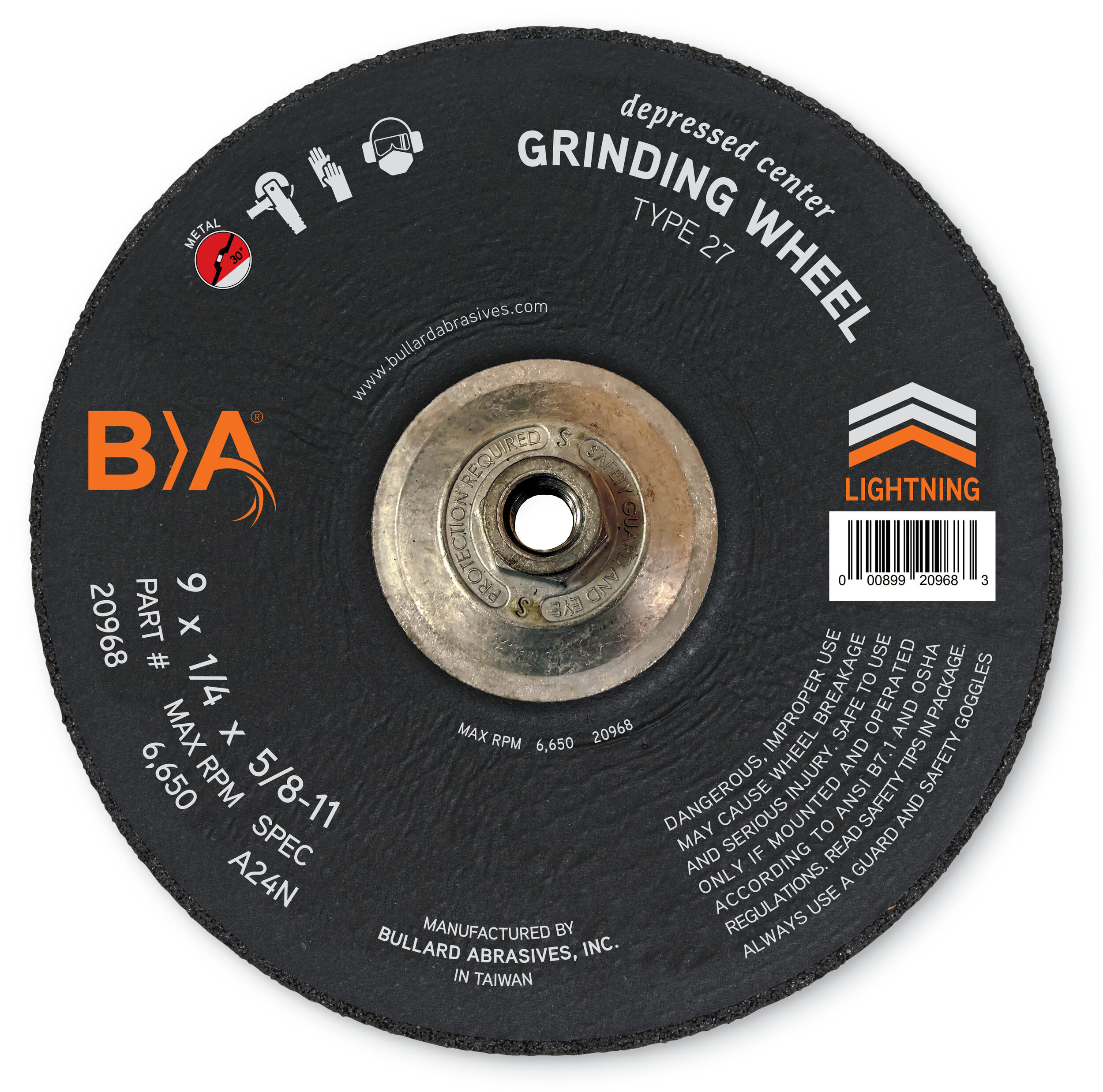 20968 Bullard Abrasives 9 x 1/4 x 5/8-11 Depressed Center Grinding Wheel A24N Type 27