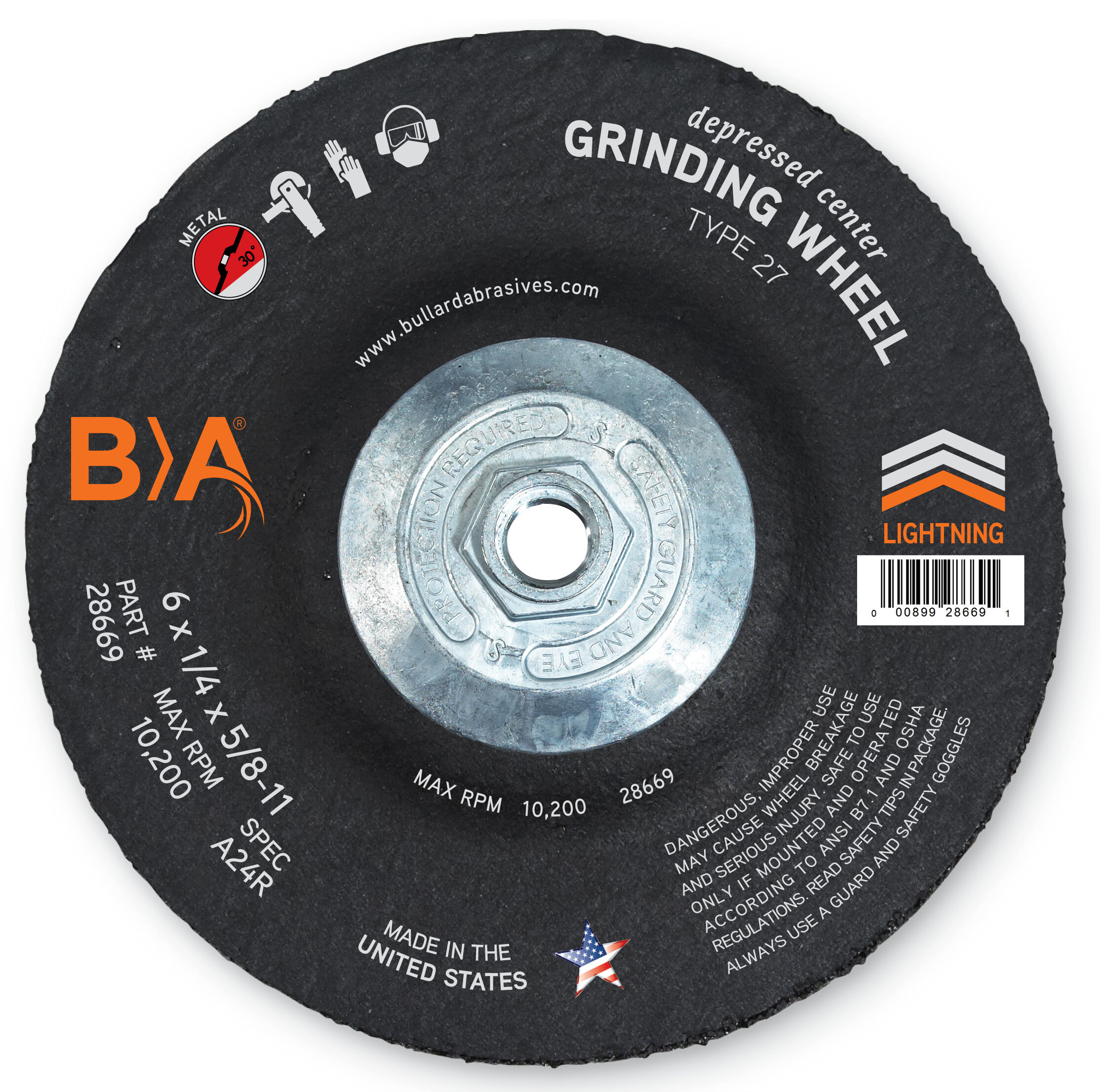 28669 Bullard Abrasives 6 x 1/4 x 5/8-11 Depressed Center Grinding Wheel A24R Type 27