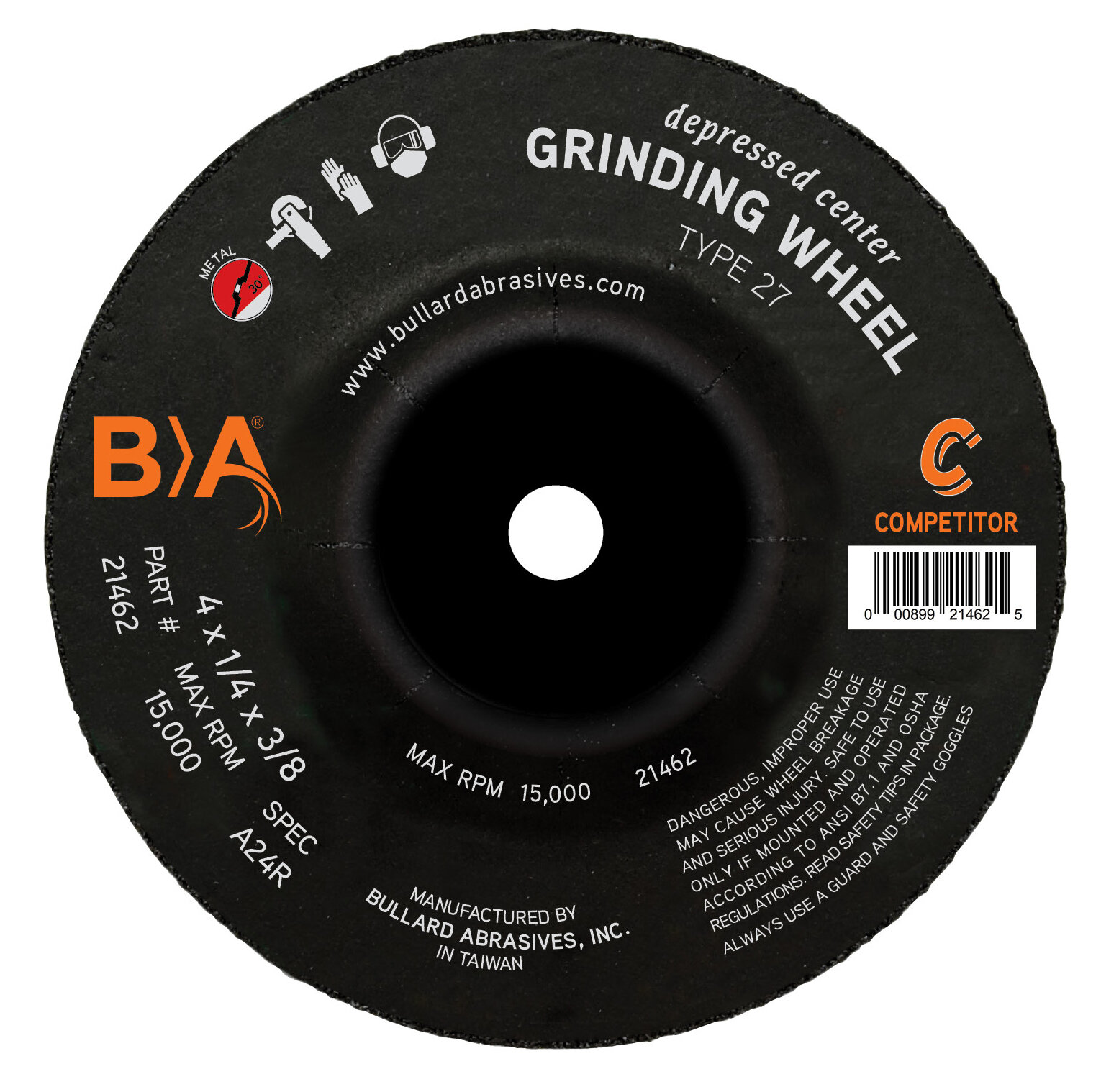 21462 Bullard Abrasives 4 x 1/4 x 3/8 Depressed Center Grinding Wheel A24R Type 27