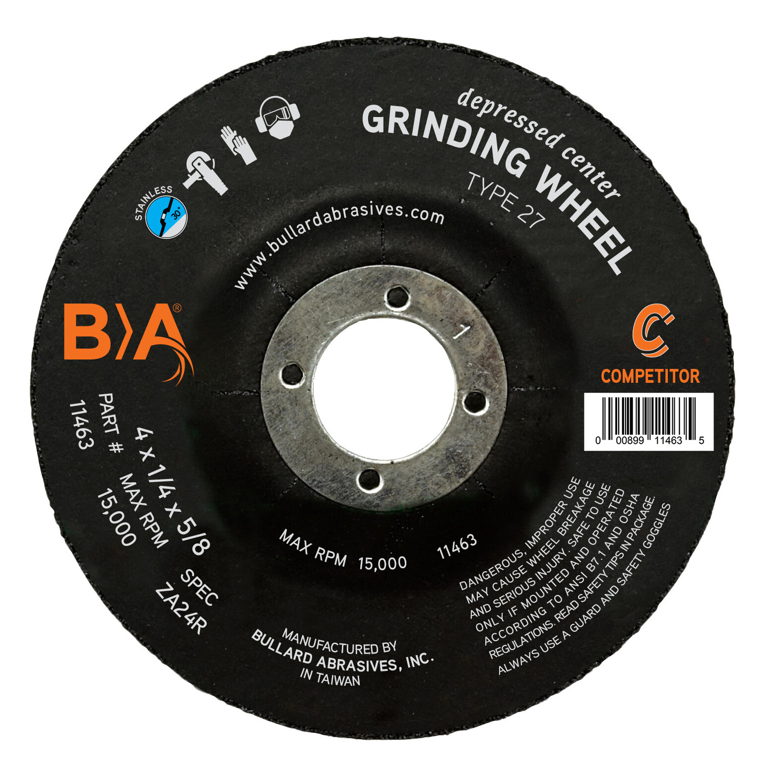 11463 Bullard Abrasives 4 x 1/4 x 5/8 Depressed Center Grinding Wheel ZA24R Type 27