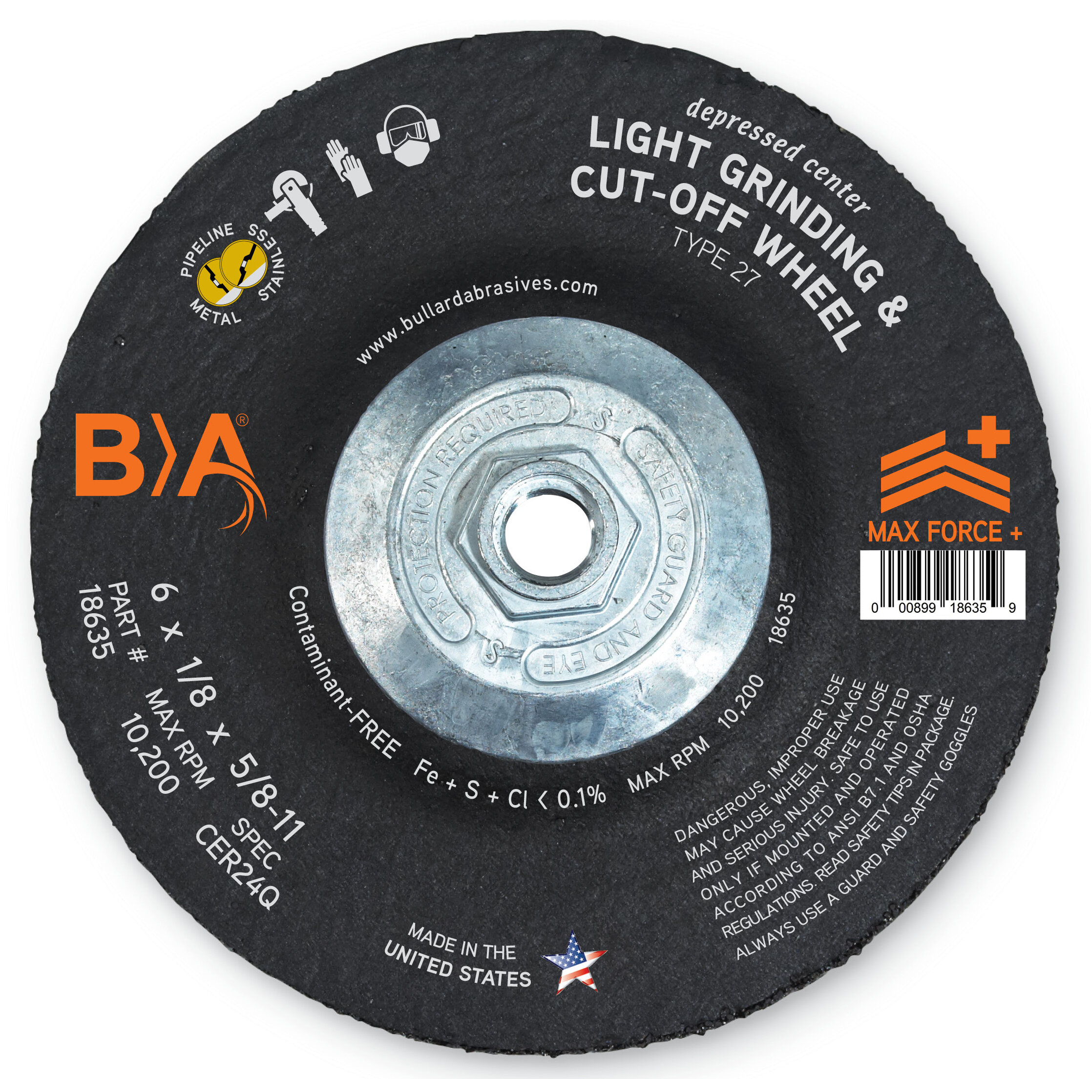 18635 Bullard Abrasives 6 x 1/8 x 5/8-11 Pipeline Light Grinding & Cut-Off Wheel CER24Q Type 27