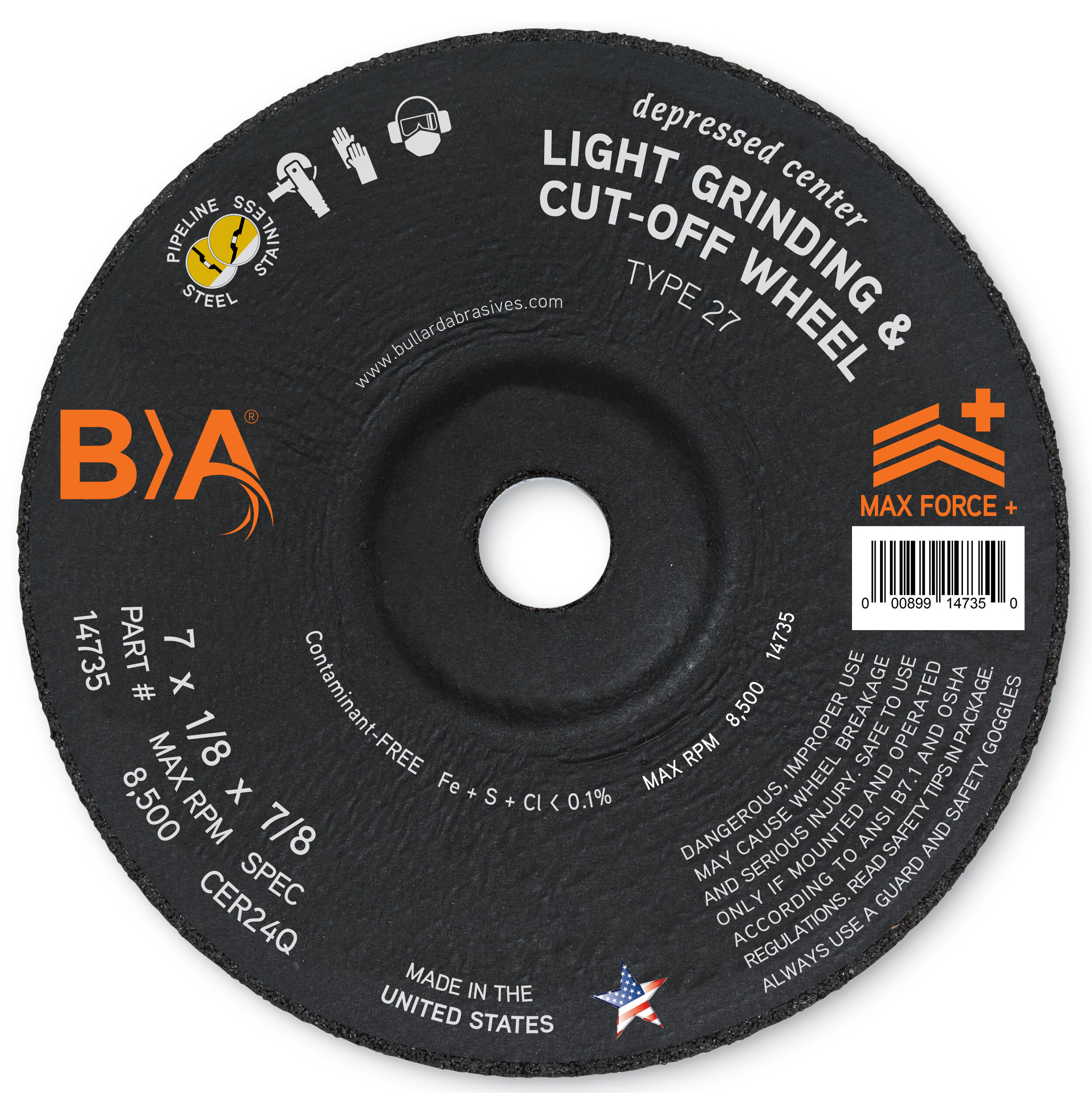 14735 Bullard Abrasives 7 x 1/8 x 7/8 Pipeline Light Grinding & Cut-Off Wheel CER24Q Type 27