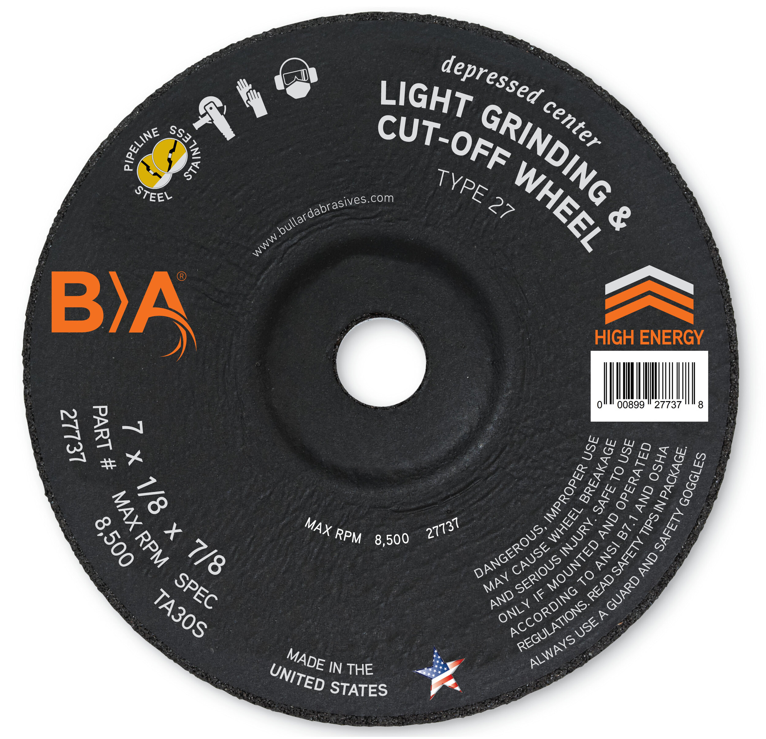 27737 Bullard Abrasives 7 x 1/8 x 7/8 Pipeline Light Grinding & Cut-Off Wheel TA30S Type 27