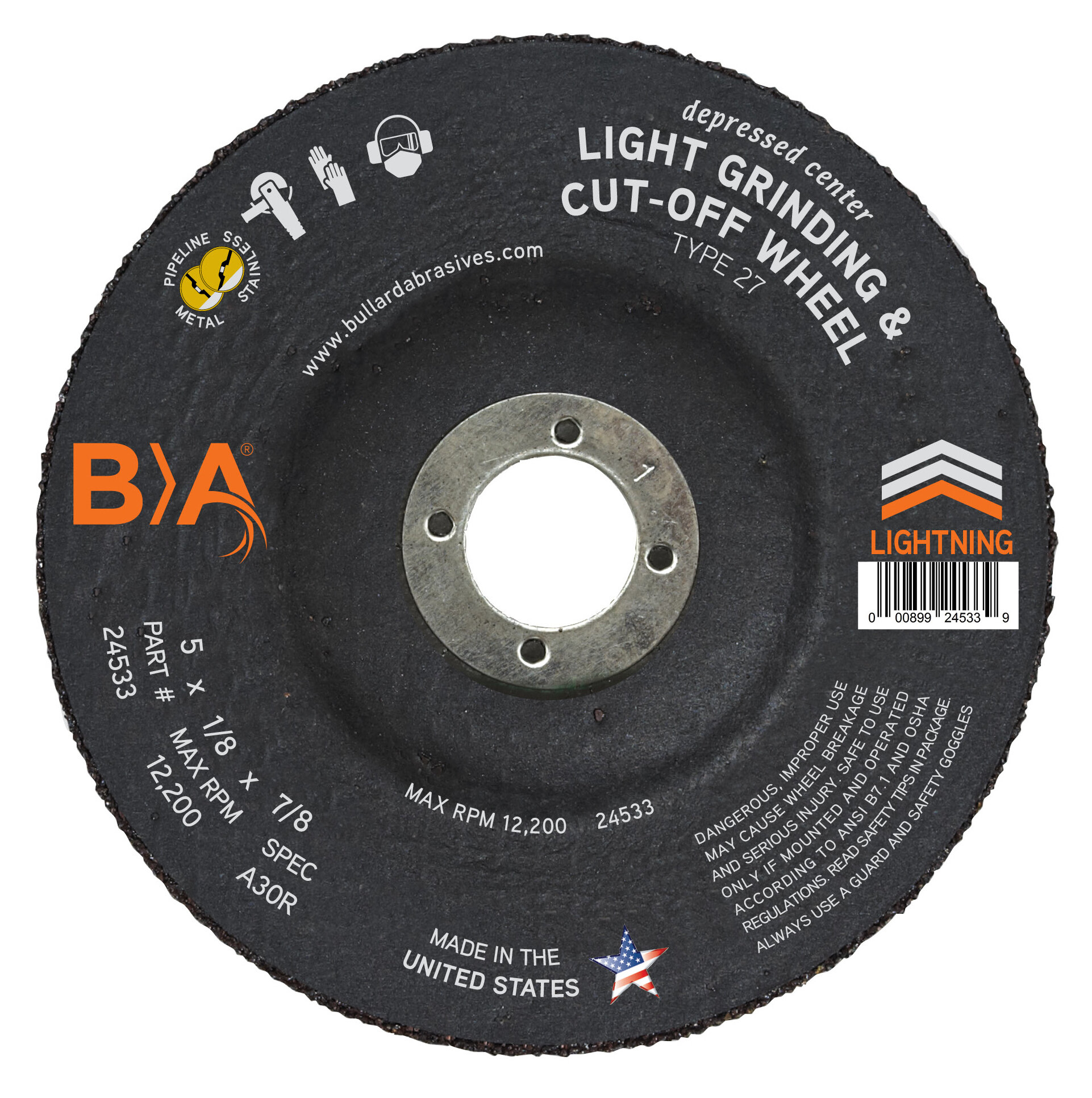 24533 Bullard Abrasives 5 x 1/8 x 7/8 Pipeline Light Grinding & Cut-Off Wheel A30R Type 27