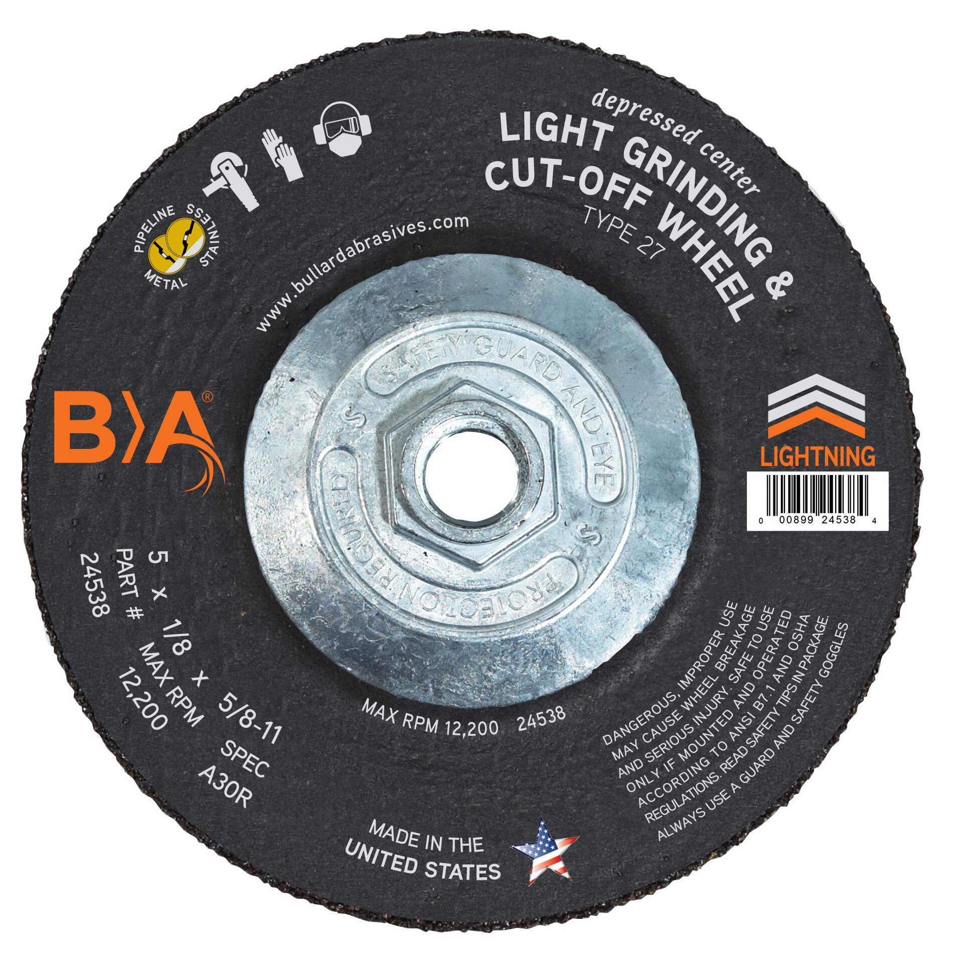 24538 Bullard Abrasives 5 x 1/8 x 5/8-11 Pipeline Light Grinding & Cut-Off Wheel A30R Type 27
