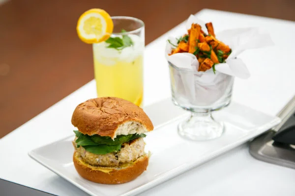 Quinoa Turkey Burger, Parmesan Crusted Sweet Potato Fries, and Lemon Apple Spritzer... Fast Food Made Healthy