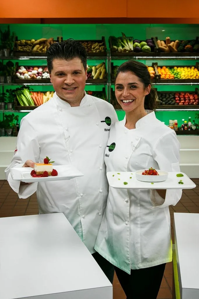 Richard and I show off our rehabbed cheesecakes