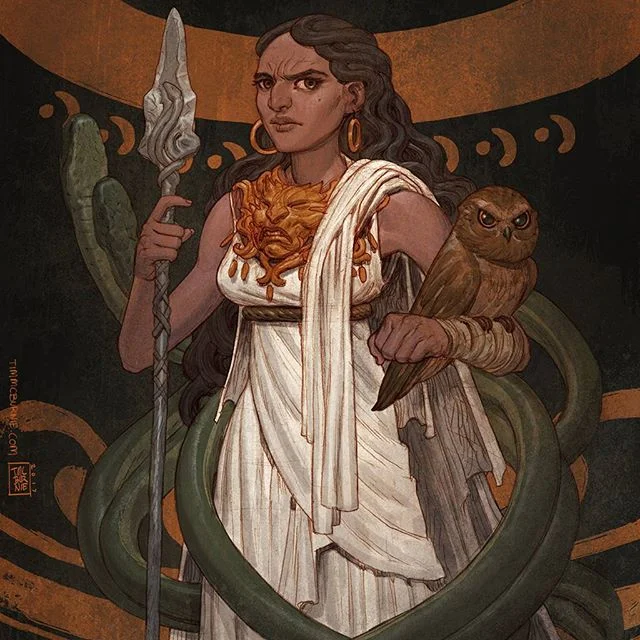 Drawing Gods again. Pencil colored in Photoshop. #drawing #mythology #athena #aegis #serpent #owl #ancientgreece #goddess #wisdom #adventurer