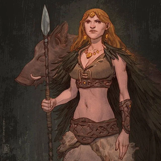Drawing gods. Pencil colored in Photoshop #drawing #mythology #frejya #norse #celtic #goddess #boar #Hildisv&iacute;ni