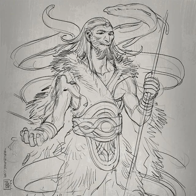 More art from Mythic Arcana -  preliminary sketches of the Norse gods: Loki, god of mischief, Heimdall god of passage, and Bragi god of poetry. Photoshop lines. #mythicarcana #mythology #loki #heimdall #bragi #drawing #sketching #illustration #fantas
