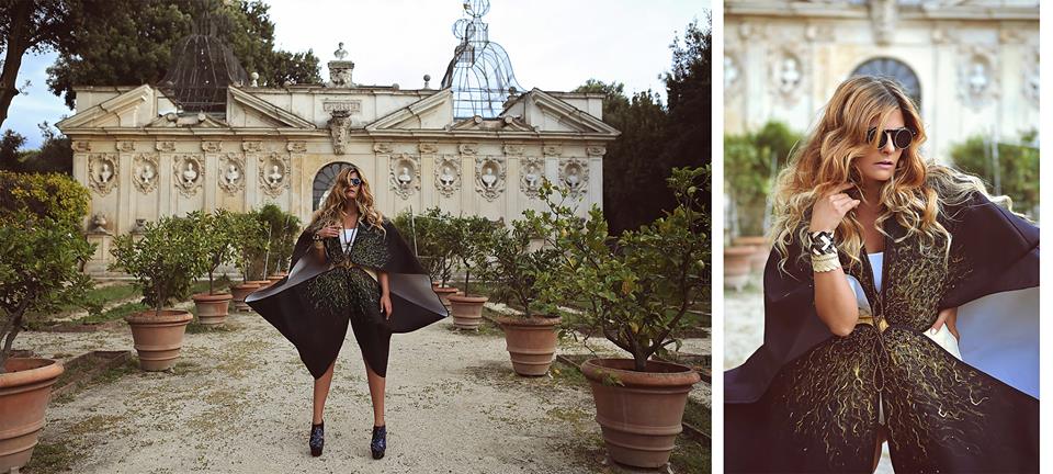 Beautiful and edgy cloths by the inspired Italian designer Giorgia Donia and an editorial shoot with Valentina Feula in the Villa Borghese Secret Gardens. MUAH: Amanda Robinson. Assistant: Dana Verri.