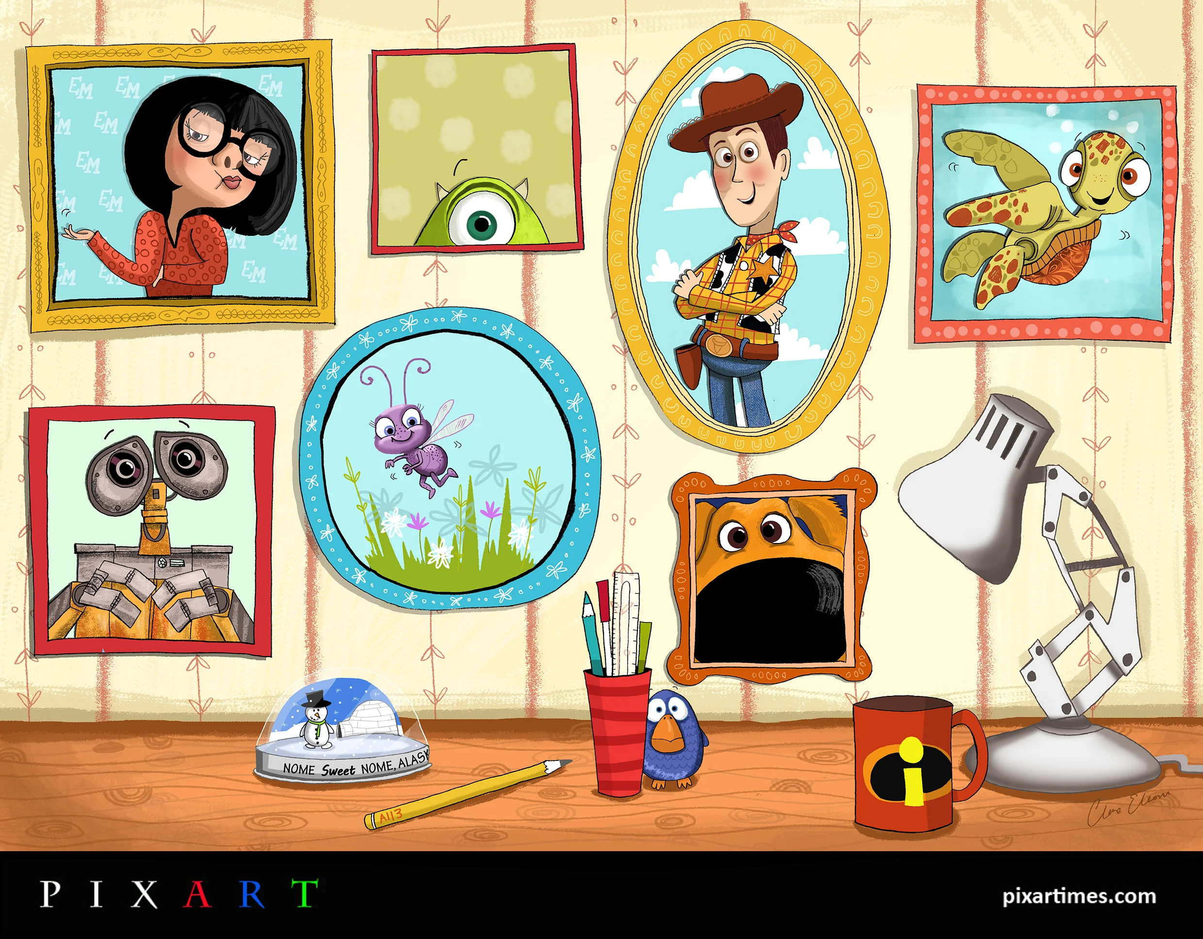 Tell us about your piece: "I started off by sketching some of my favourite characters, and found it hard to stop. It quite quickly turned into my personal Pixar wall of fame! There are framed snapshots of Edna Mode from The Incredibles, Mike Wazowski from Monsters Inc, Wall-E, Dot from A Bugs Life, Woody, Dug from Up and Squirt from Finding Nemo. These are all characters that have really stuck with me from the films. There is a desk in front of the wall, with a few more Pixar pieces: the snow globe from Knick Knack, a little character from For the Birds (because let’s not brush over those beautiful shorts) an Incredibles mug, the iconic lamp, and a pencil with a certain number on it… It was lovely to work on something so self-indulgent. I really enjoy character design, and it was a refreshing challenge to focus on someone else’s style. I spent about 30 minutes on the image most mornings in the past couple of weeks as a warm up to my day. It forced me to draw differently, to move away from my default and experiment with different techniques, colours, brushes, lighting and poses. A tiny insight into how the masters do it!"