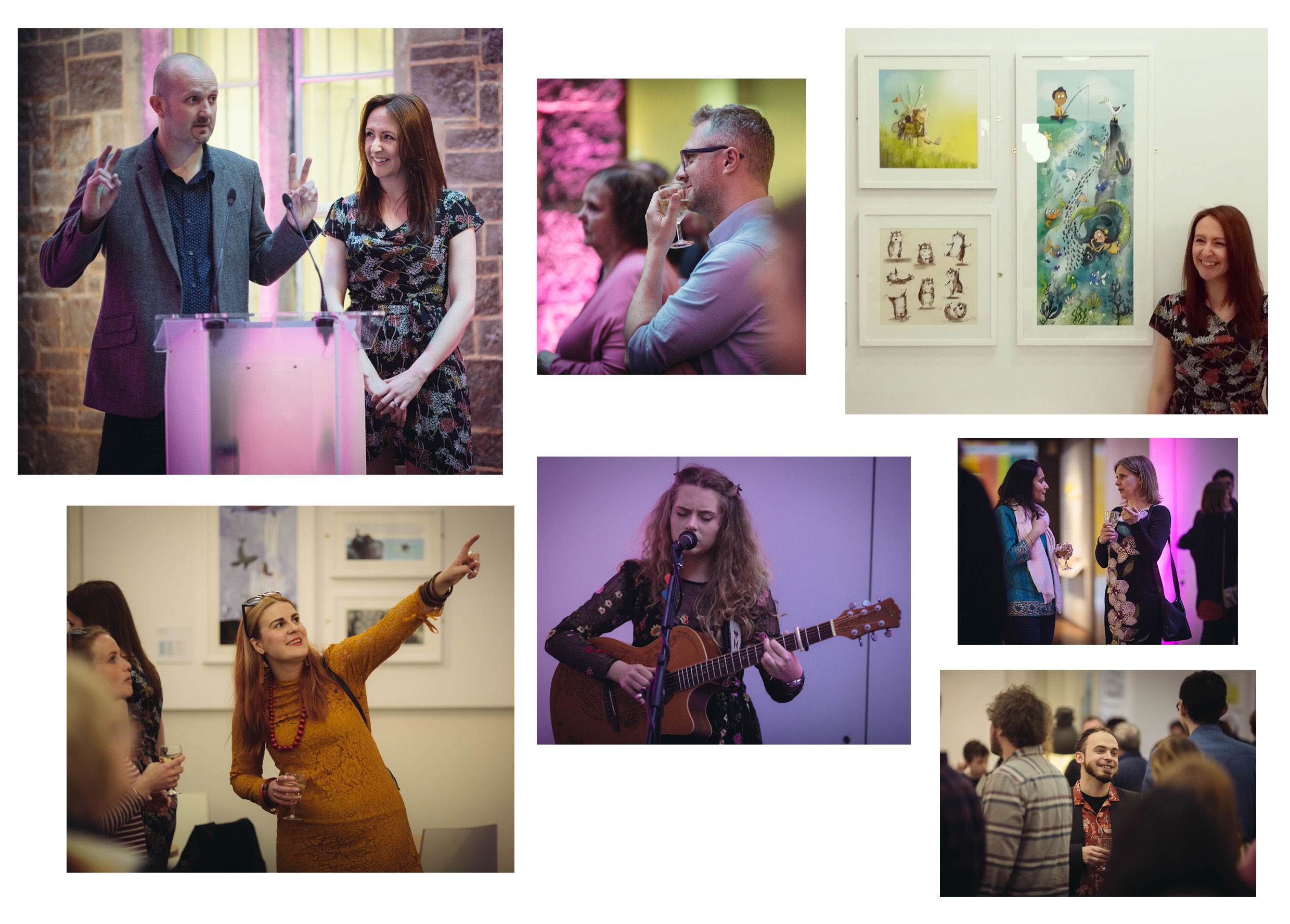 Speech time, guests enjoying the show, me grinning like a loon in front of my artwork, and music from local singer songwriter Sadie Horler. Photographs by Simon Hammet.