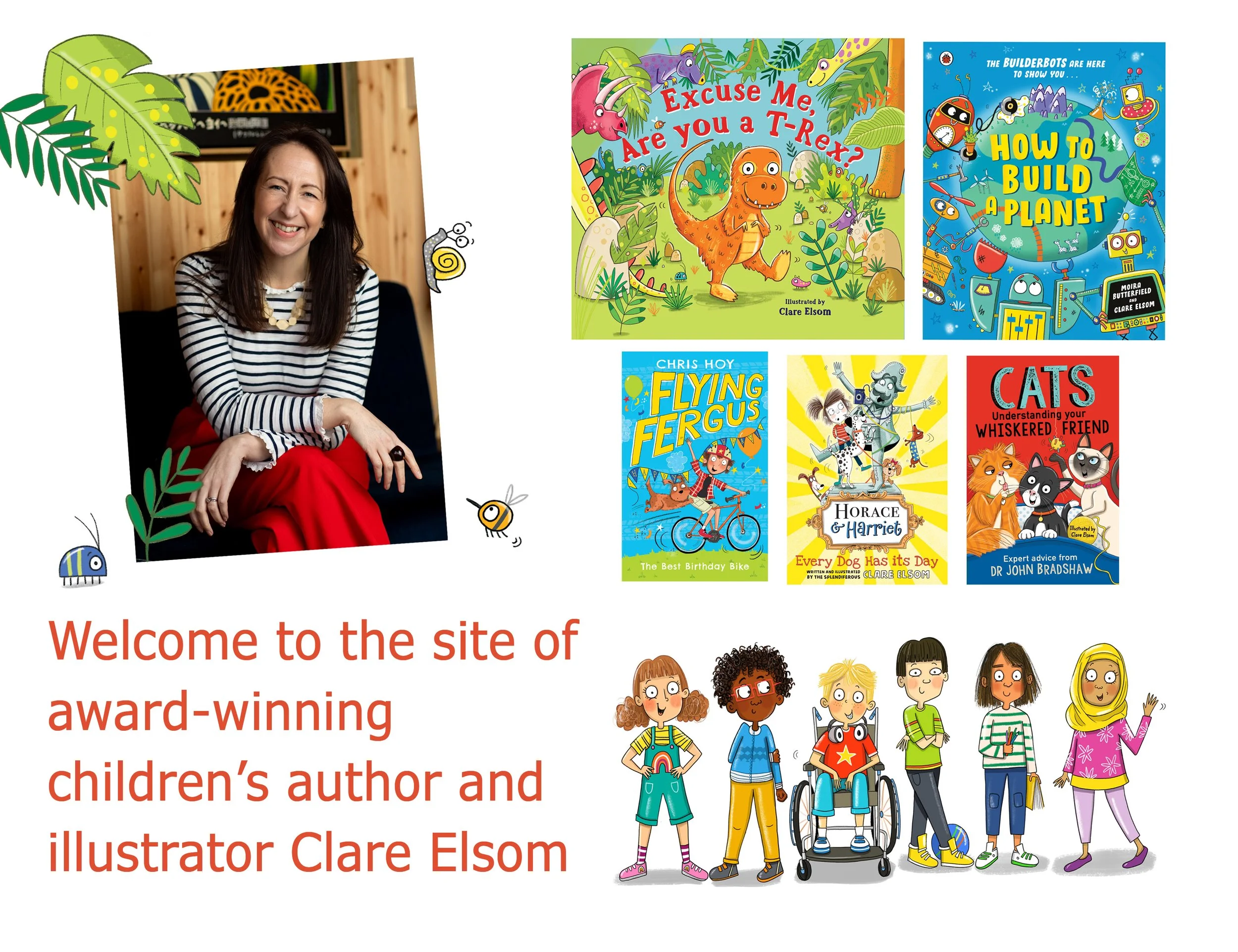 Photograph of children's author and illustrator Clare Elsom, alongside some of her illustrations and book covers
