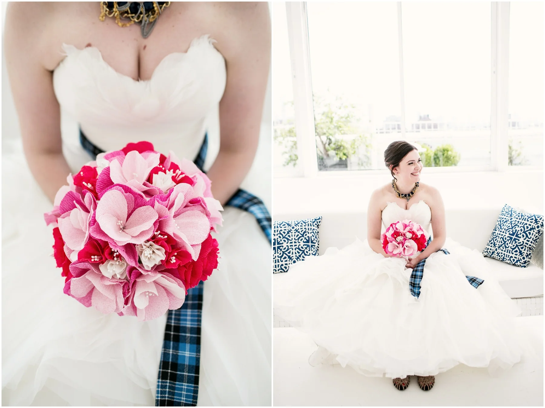 Lovely bride with pink bouquet and scottish print sash to honor family heritage. Photo by Brookelyn.jpg