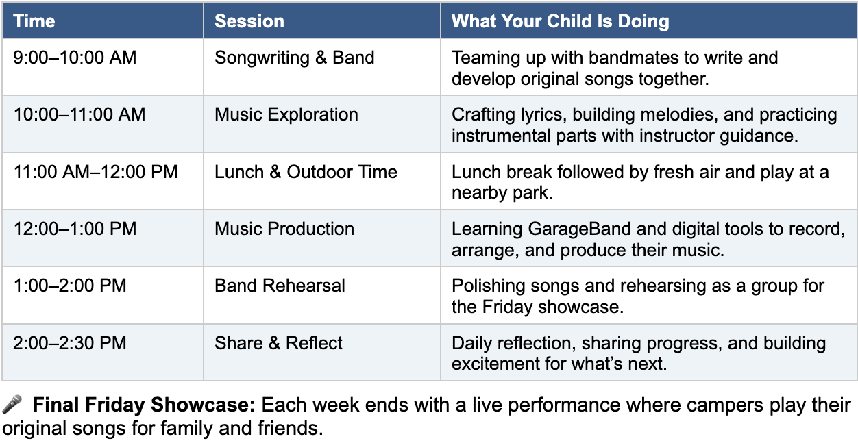 Jersey City Summer Music Camp Schedule