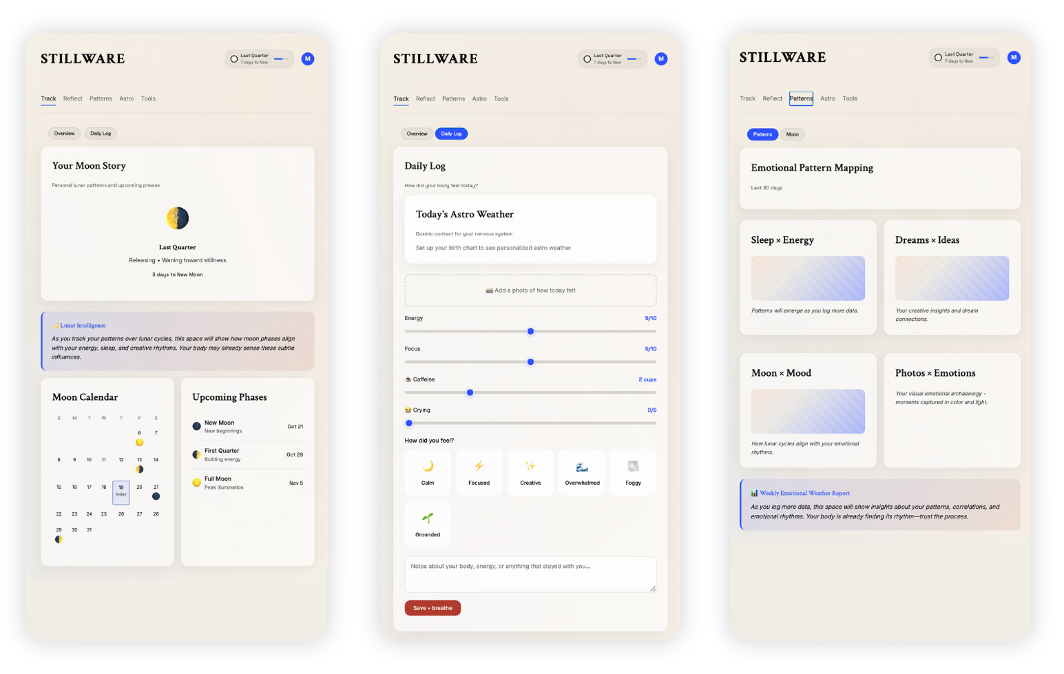 Screenshots of a Stillware app by Melissa Geurts at the Blue Algorithm with sections on moon cycles, daily logs, and emotional pattern mapping. The app features a moon calendar, personal lunar pattern tracking, and emotional insights.