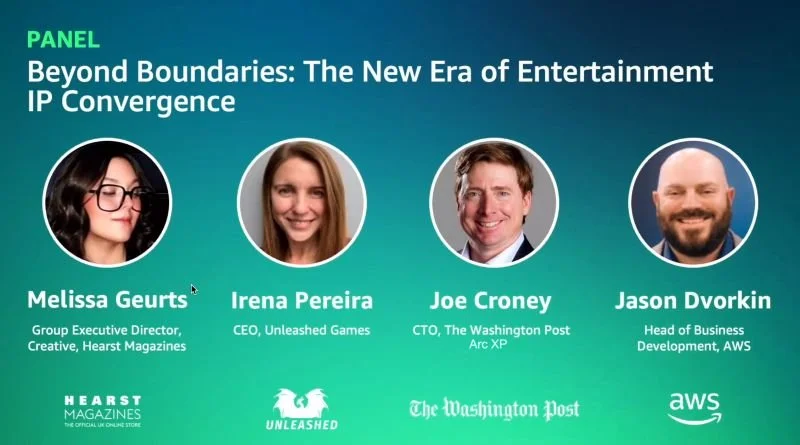Panel slide titled "Beyond Boundaries: The New Era of Entertainment IP Convergence" featuring headshots and names of four speakers: Melissa Geurts, Irena Pereira, Joe Croney, and Jason Dvorkin, with their titles and affiliations, logos of Hearst Magazines, Unleashed, The Washington Post, and AWS.