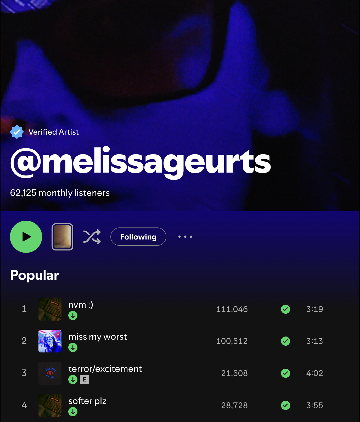 Spotify artist profile page for @melissaegurts showing a dark, close-up photo with blue and purple lighting, with the artist's name and monthly listeners displayed.