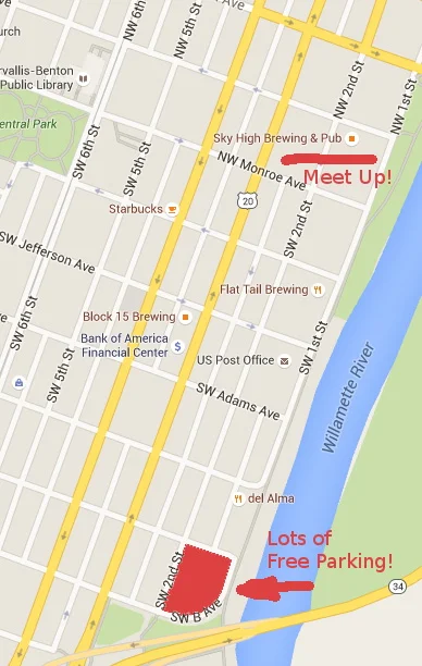 If it is very busy in town this map shows where lots of free parking is available just a couple blocks down from the meetup.