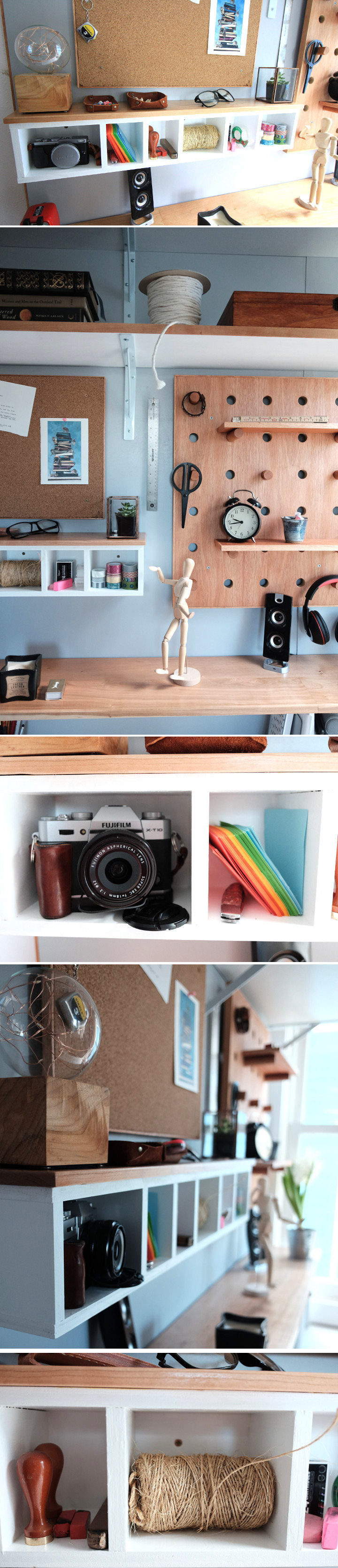 The cubby unit holds various odds and ends.