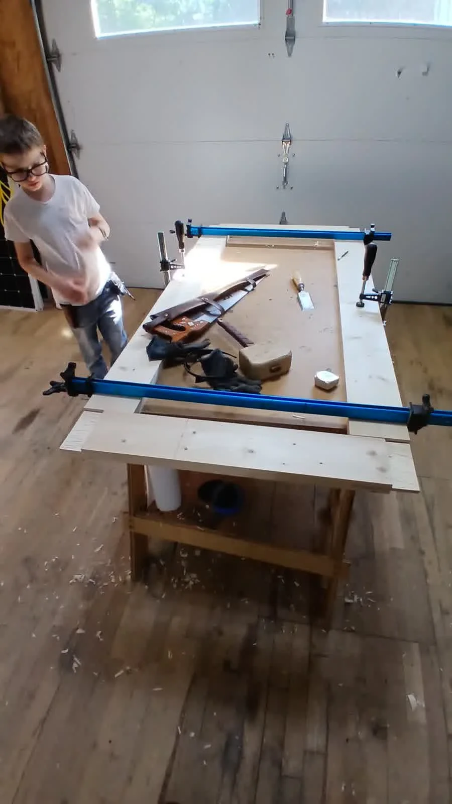The door frame under clamps during glue-up