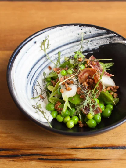 english pea salad, house-made ricotta, guanciale, tokyo turnips