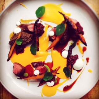 lamb tenderloin, charred carrot, wild rice polenta, bay leaf yogurt, licorice 
