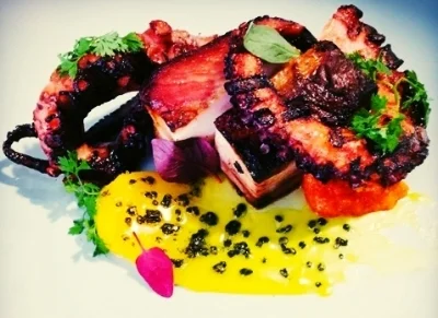 slow-cooked pork belly and charred octopus, egg yolk, tomato confit
