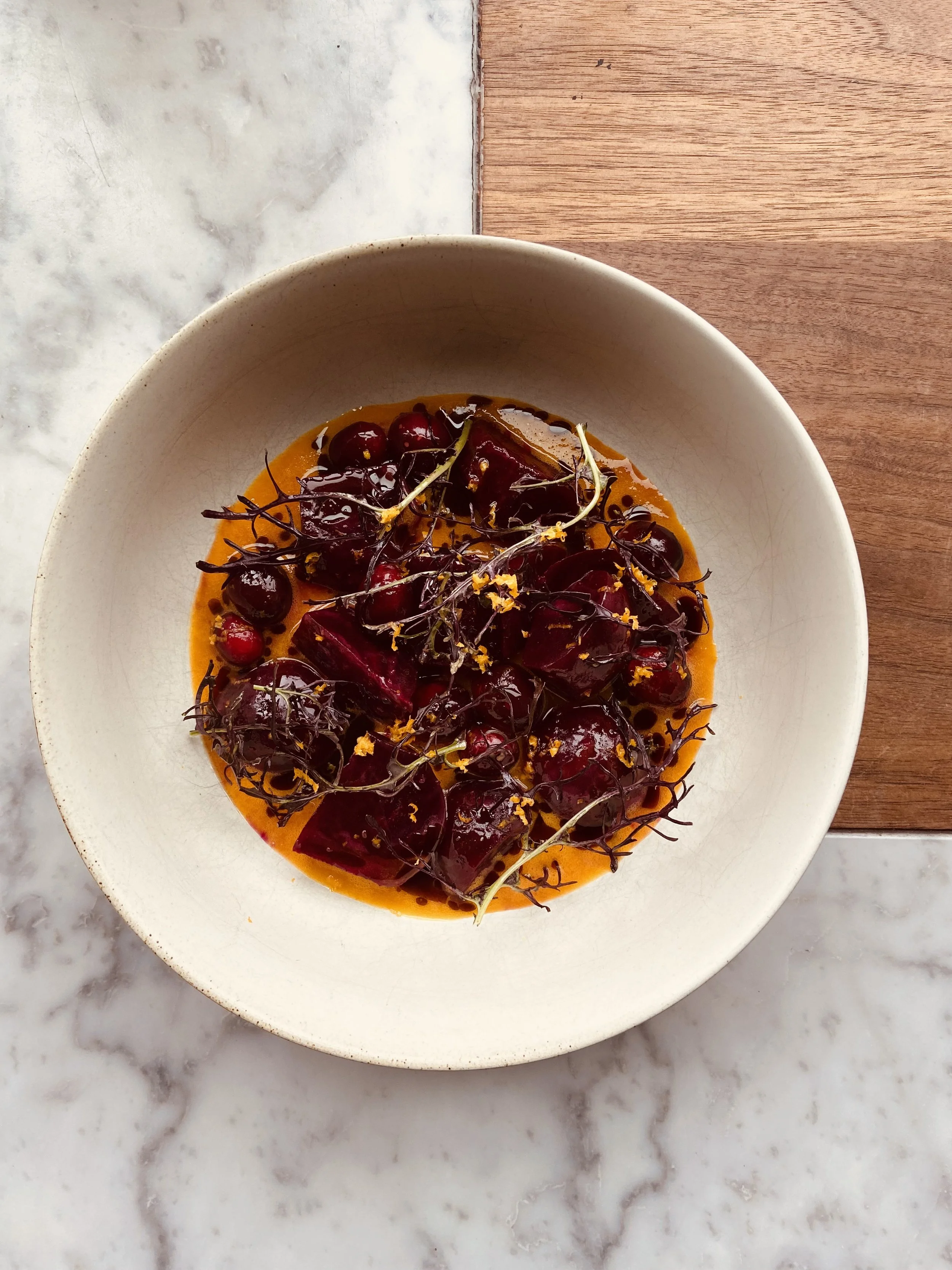  pastrami-cured beets, cranberrry, burnt garlic, orange, mustard greens 