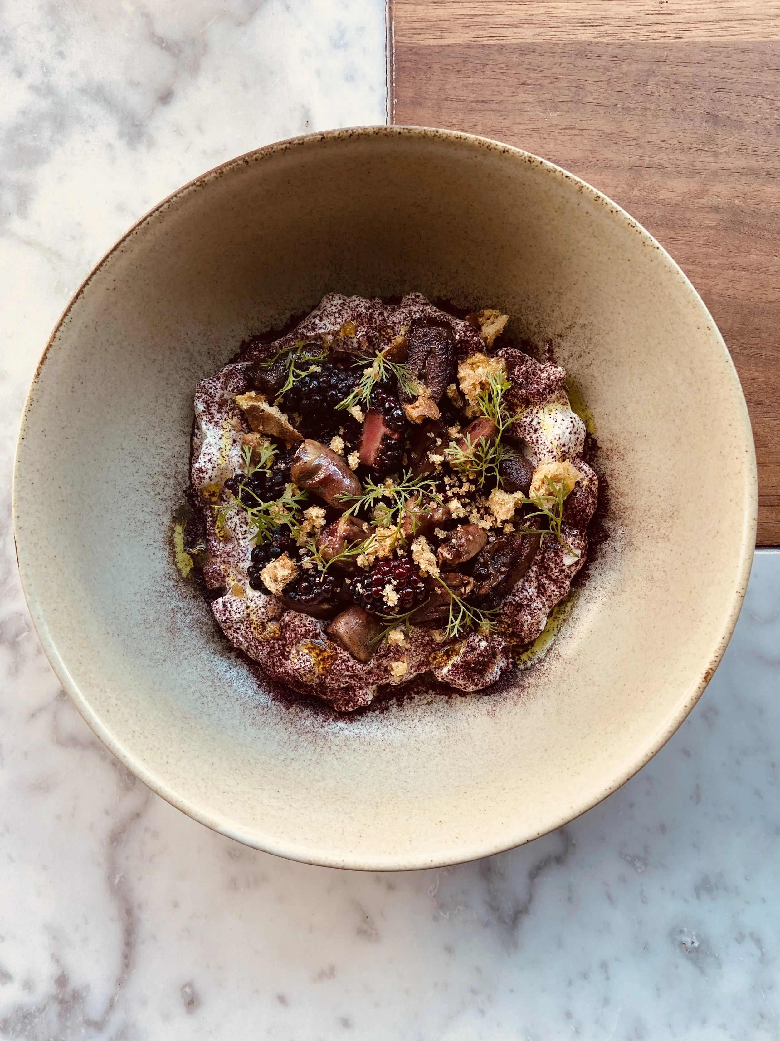 corned duck hearts, blackberry, labneh, vadouvan, hibiscus