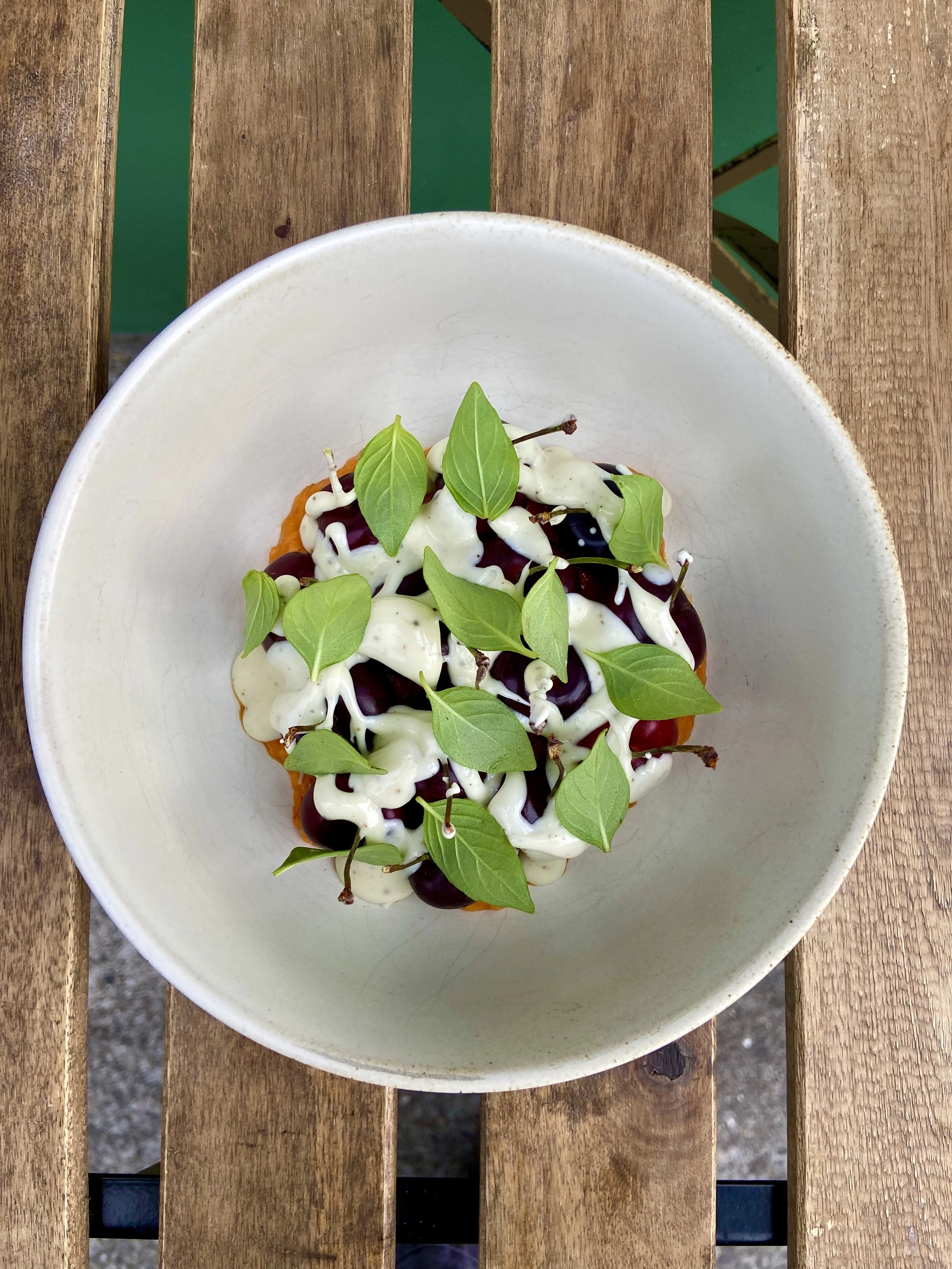  bing cherries, whipped ‘nduja, lemon basil, pt. reyes blue fondue 