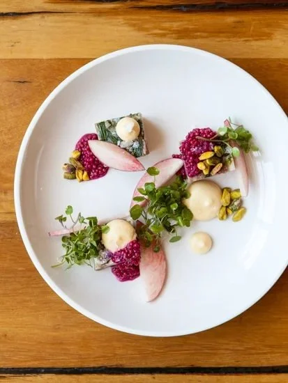 pork terrine, peach panna cotta, red beet mustard, toasted pistachio