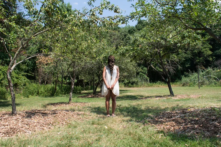 Dollbaby standing in the orchard at midday.