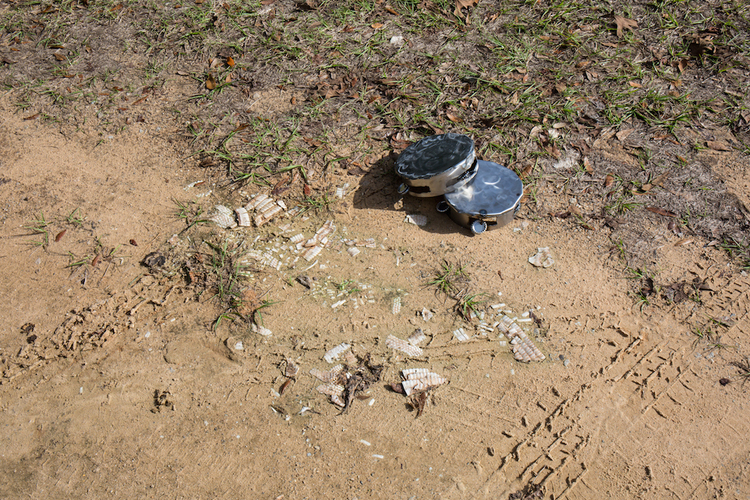 Metal tambourines in churchyard covered in snakeskins.