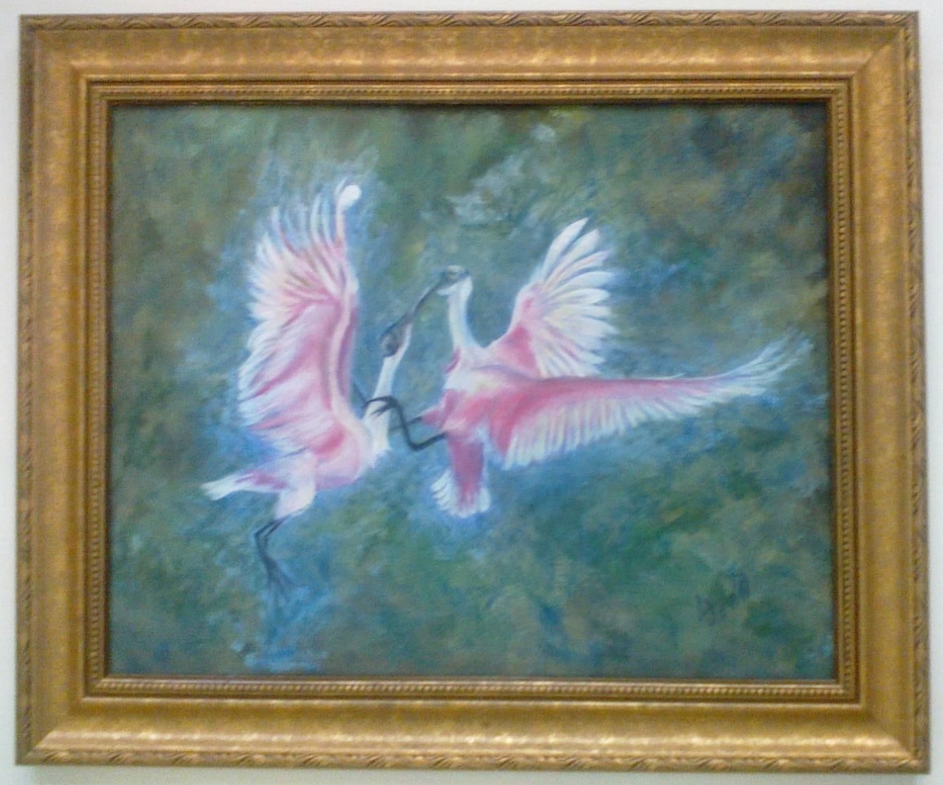 #330 "Ballet of 2 Pink Birds w/ Gold Frame"