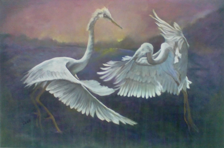 #308 "2 Dancing Egrets at Sundown"