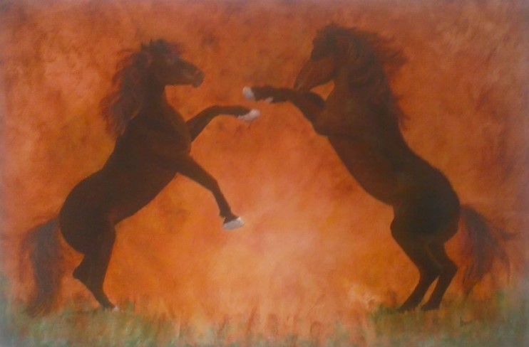 #296 "2 Horses Dramatically Sparring in Background"