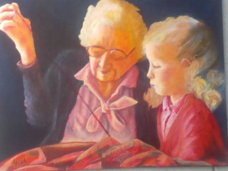 #158 "Grandma Sewing with Young Blonde Girl"