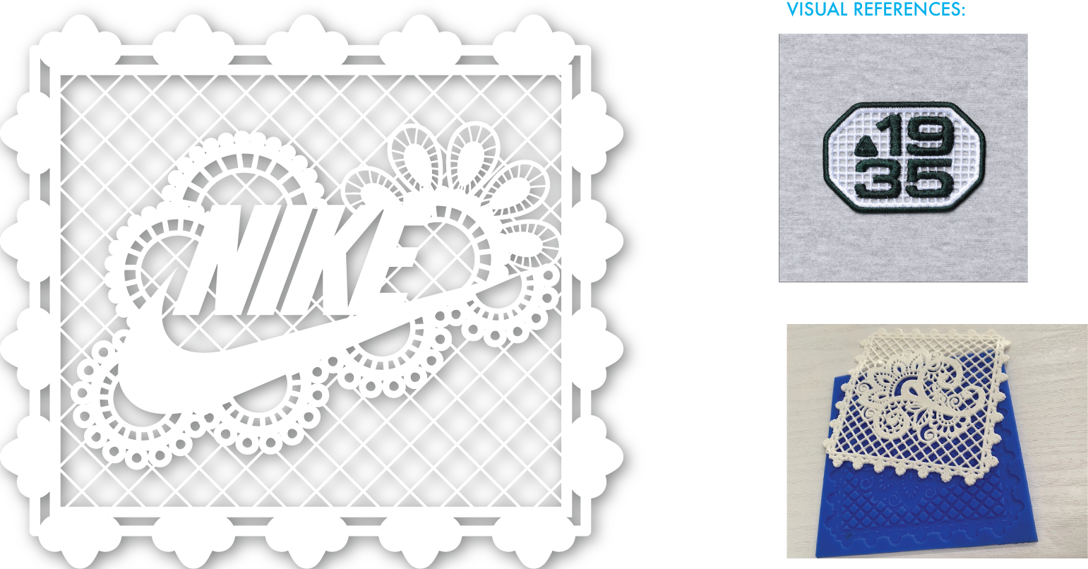  Embroidery with Net Effect. While a true lace effect was my intent, and Nike’s specific request, it was something not established as possibly by our factories. For this reason I created four options—my original intent, a silicone version, a woven so