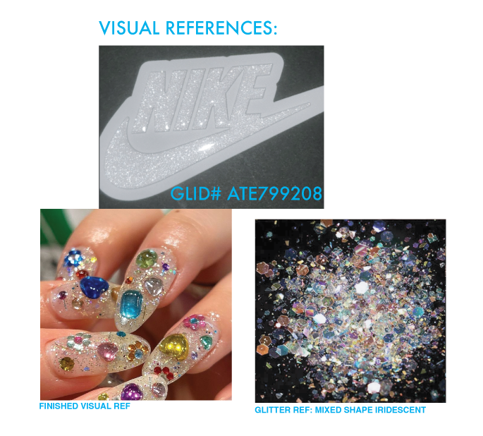  The inspiration for this last sample came from an unusual source—a trend in acrylic nail designs! ‘Treasure Chest’ nails included molded ‘gems’ on a clear glittery base.  