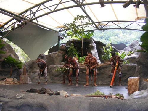 Enjoying the performance of Aborigines at Tjapukai Aboriginal Cultural Center up in the Daintree Rainforest near Cairns, Australia.