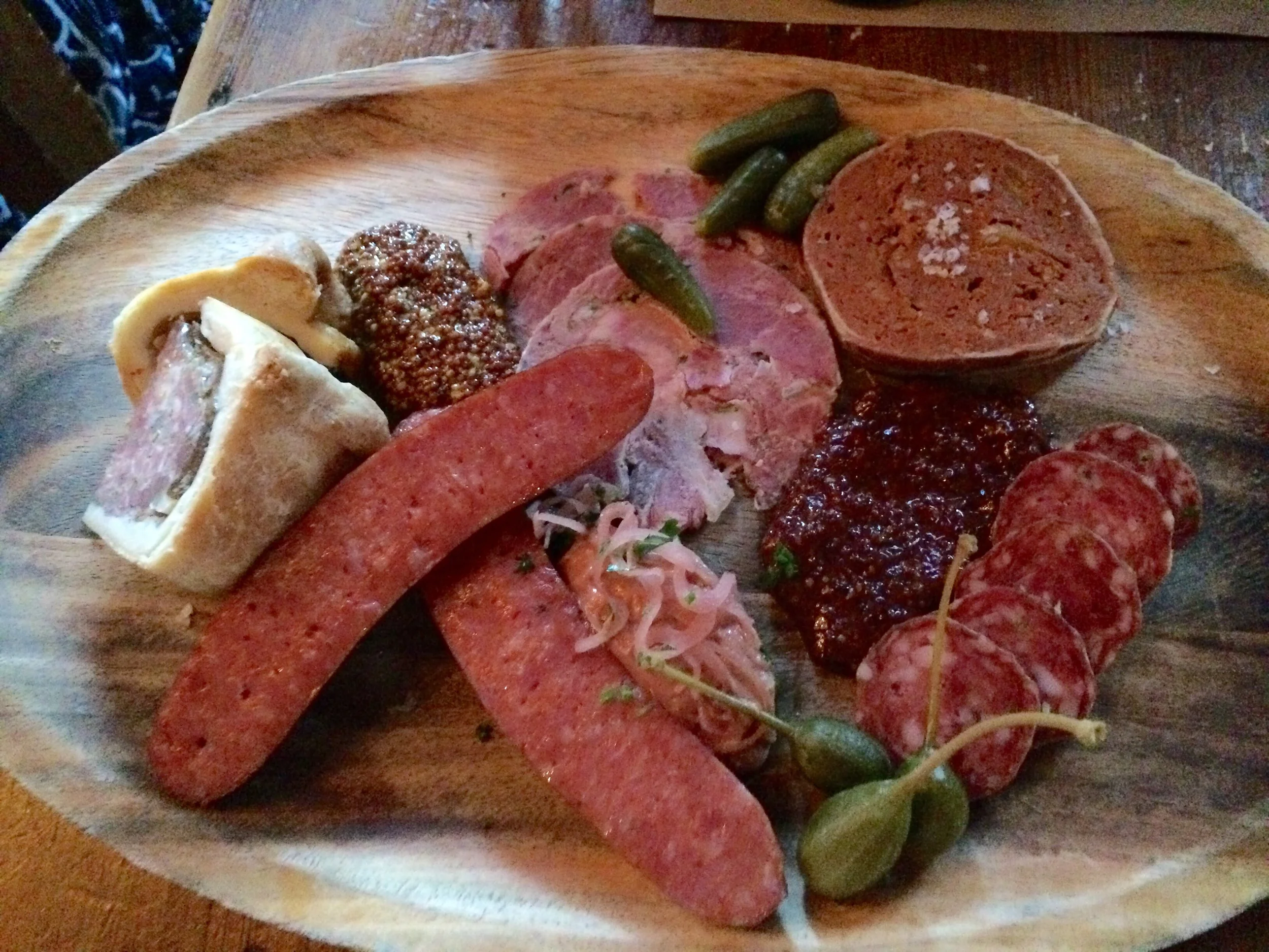 Charcuterie plate with whole grain mustard perfection.