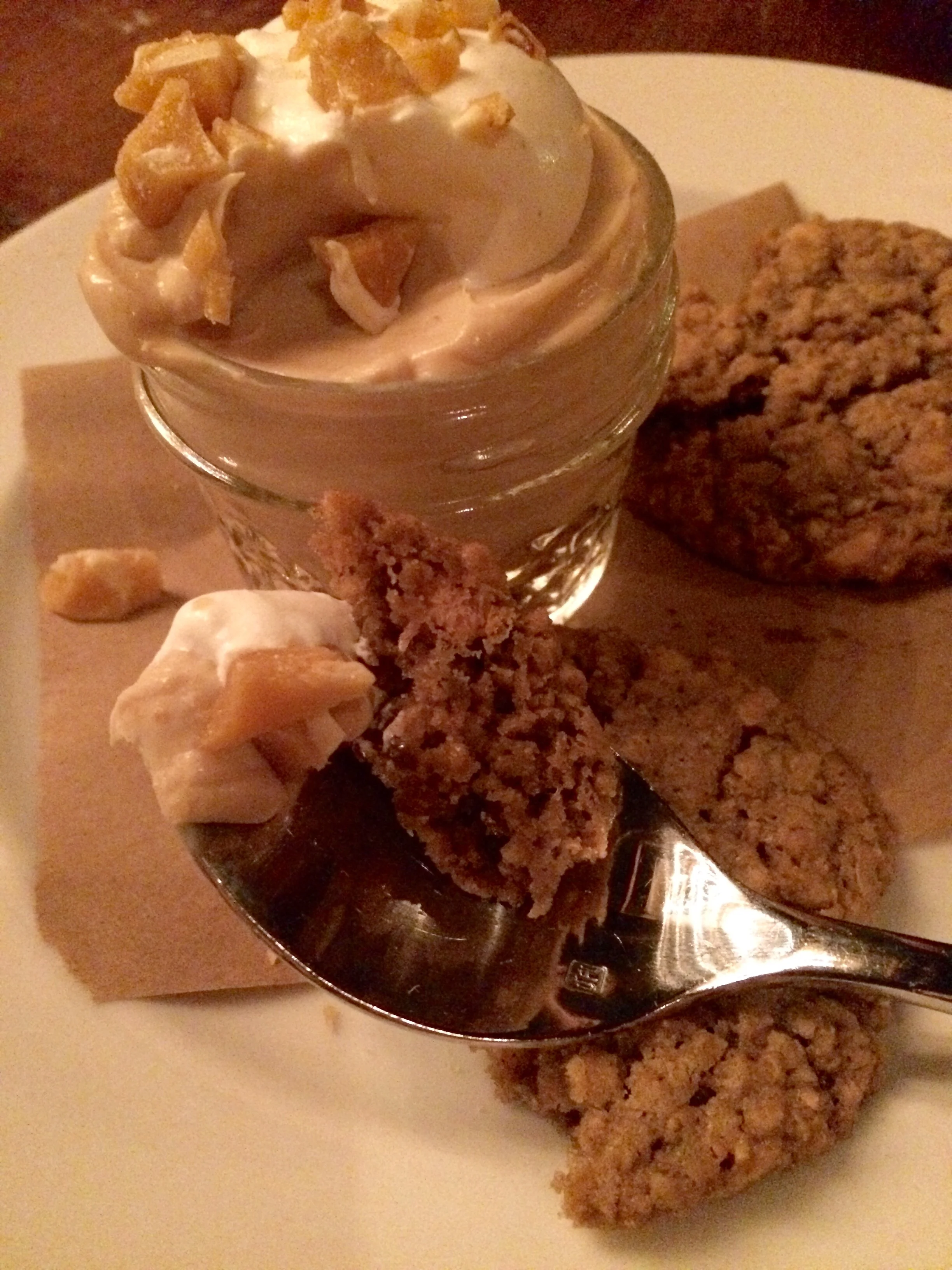 Butterscotch pudding, vanilla ice cream and homemade oatmeal cookie.