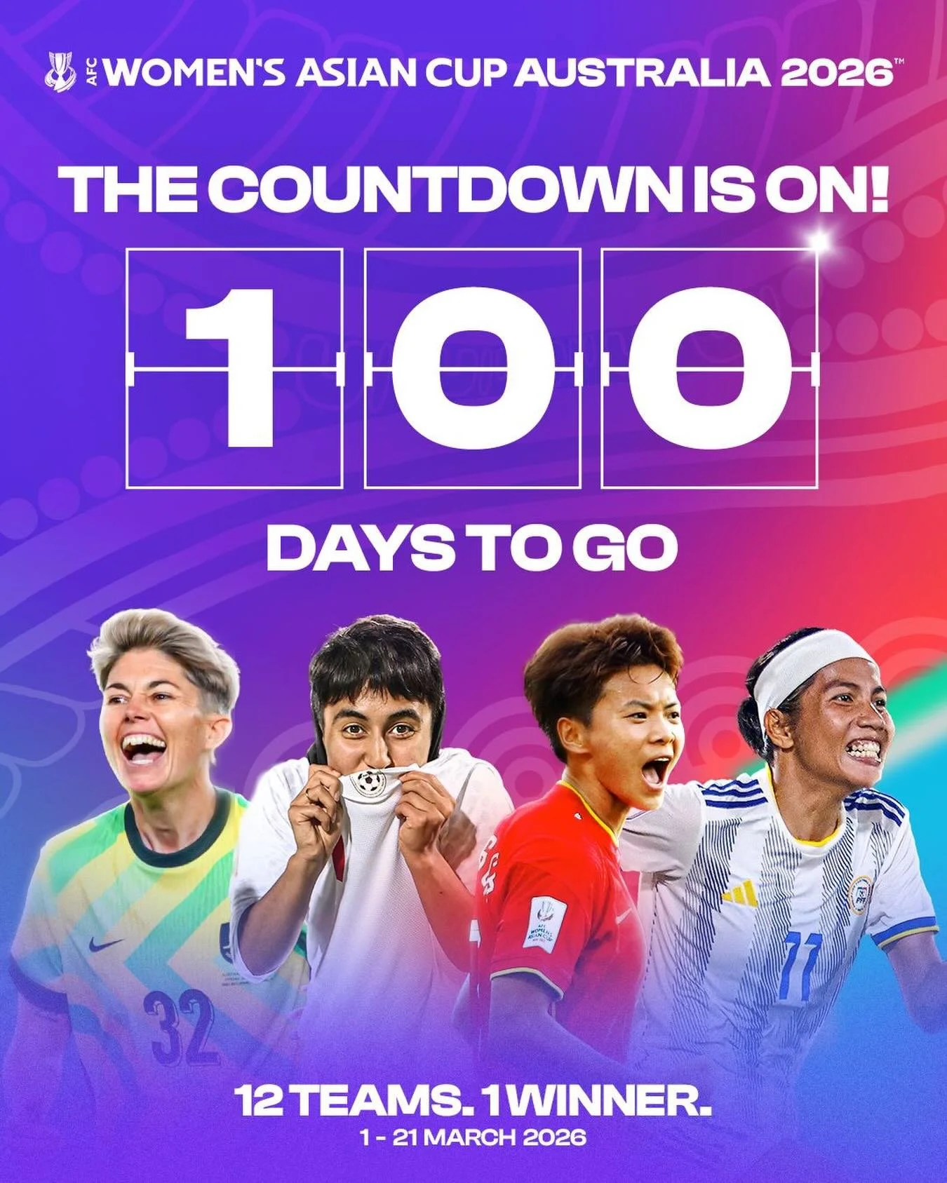 100 Days To Go!

The countdown is ON! ⏱️

In just 100 days, Perth, Gold Coast and Sydney will ignite as the AFC Women&rsquo;s Asian Cup Australia 2026&trade; kicks off!

Get ready for 12 nations, 27 matches and countless unforgettable moments. This i