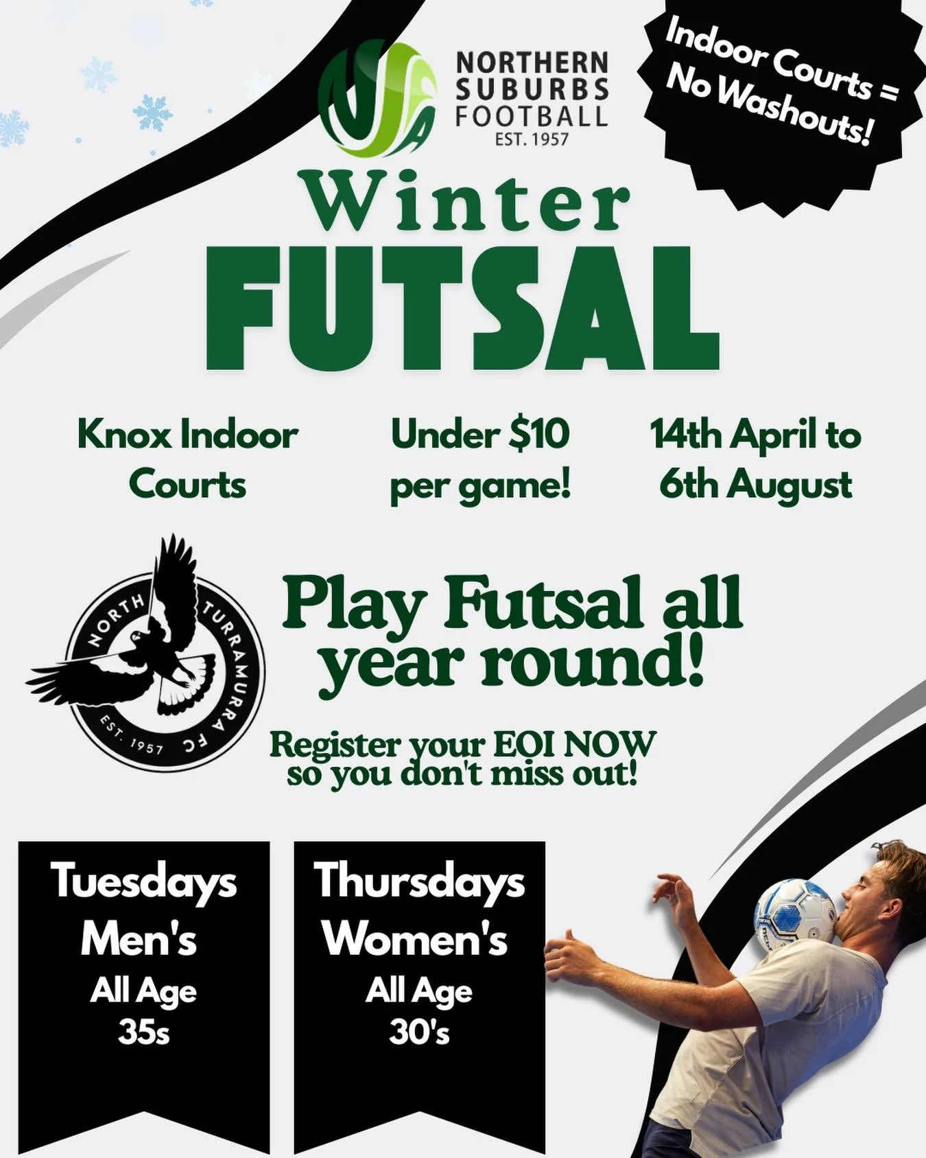 North Turramurra FC is proud to support the @northernsuburbsfootball new Winter Futsal Competition, running throughout the season on local indoor courts.

A great way to keep playing, build skills and stay sharp - all with the benefit of no washouts.