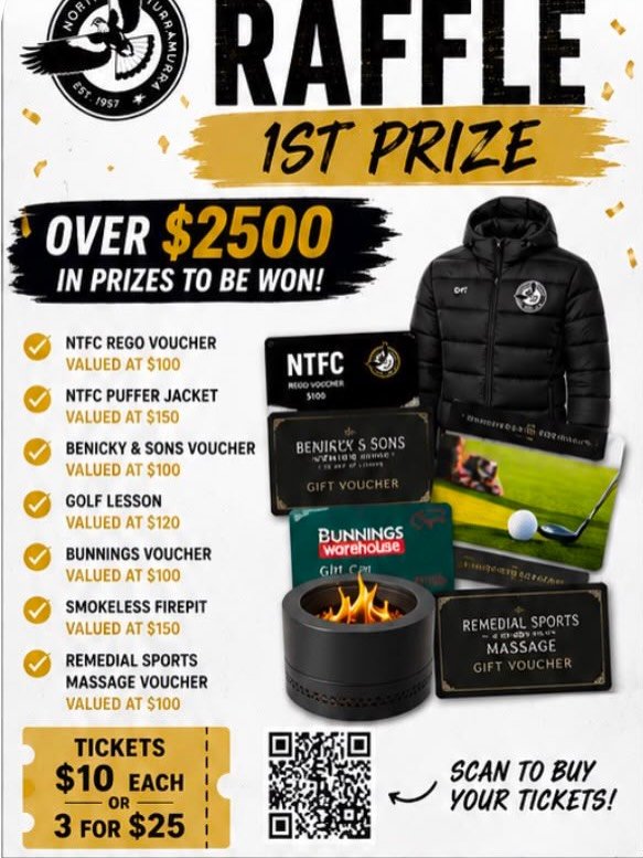 📣 NTFC MAJOR RAFFLE IS LIVE! 📣

Over $2,500 in fantastic prizes is up for grabs, and every single ticket directly supports our club, our players, and our football community! 🖤🤍⚽

🎟️ TICKET PRICES:
 1 Ticket: $10
 3 Tickets: $25

Whether you buy 