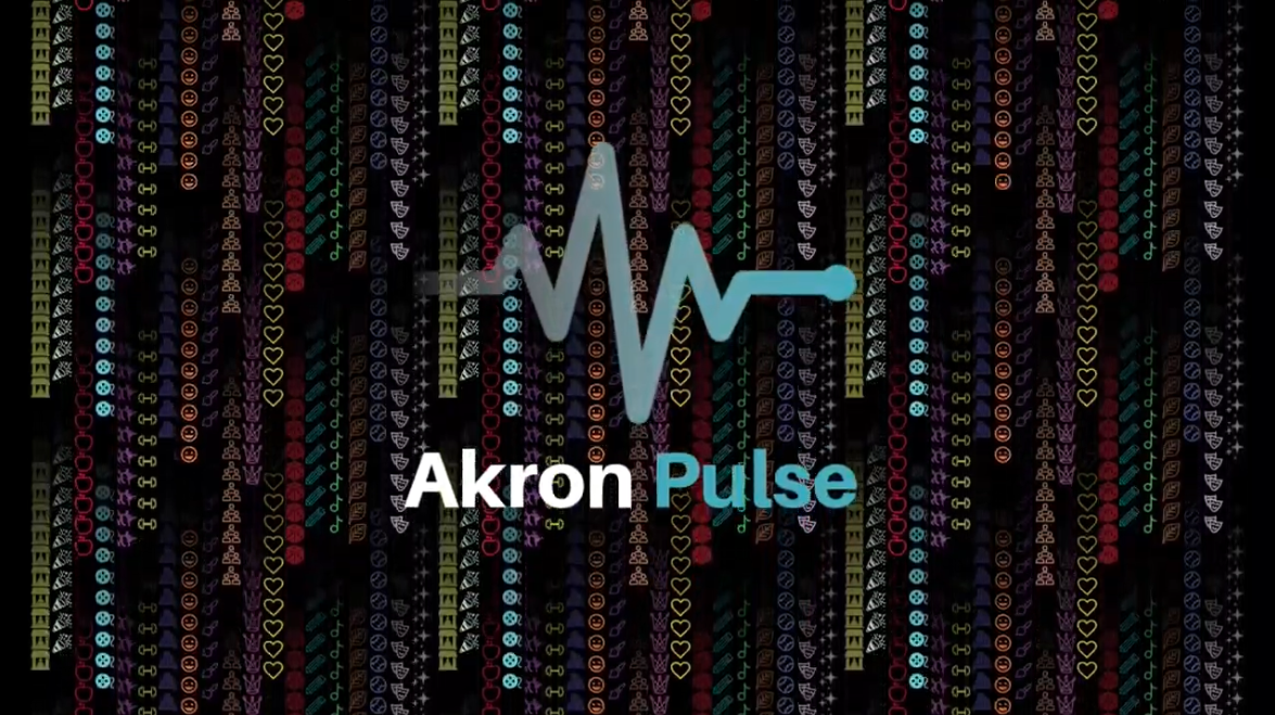 An image of Akron Pulse's heartbeat logo in white and blue, displayed on top of a black background with event category icons raining down from above.