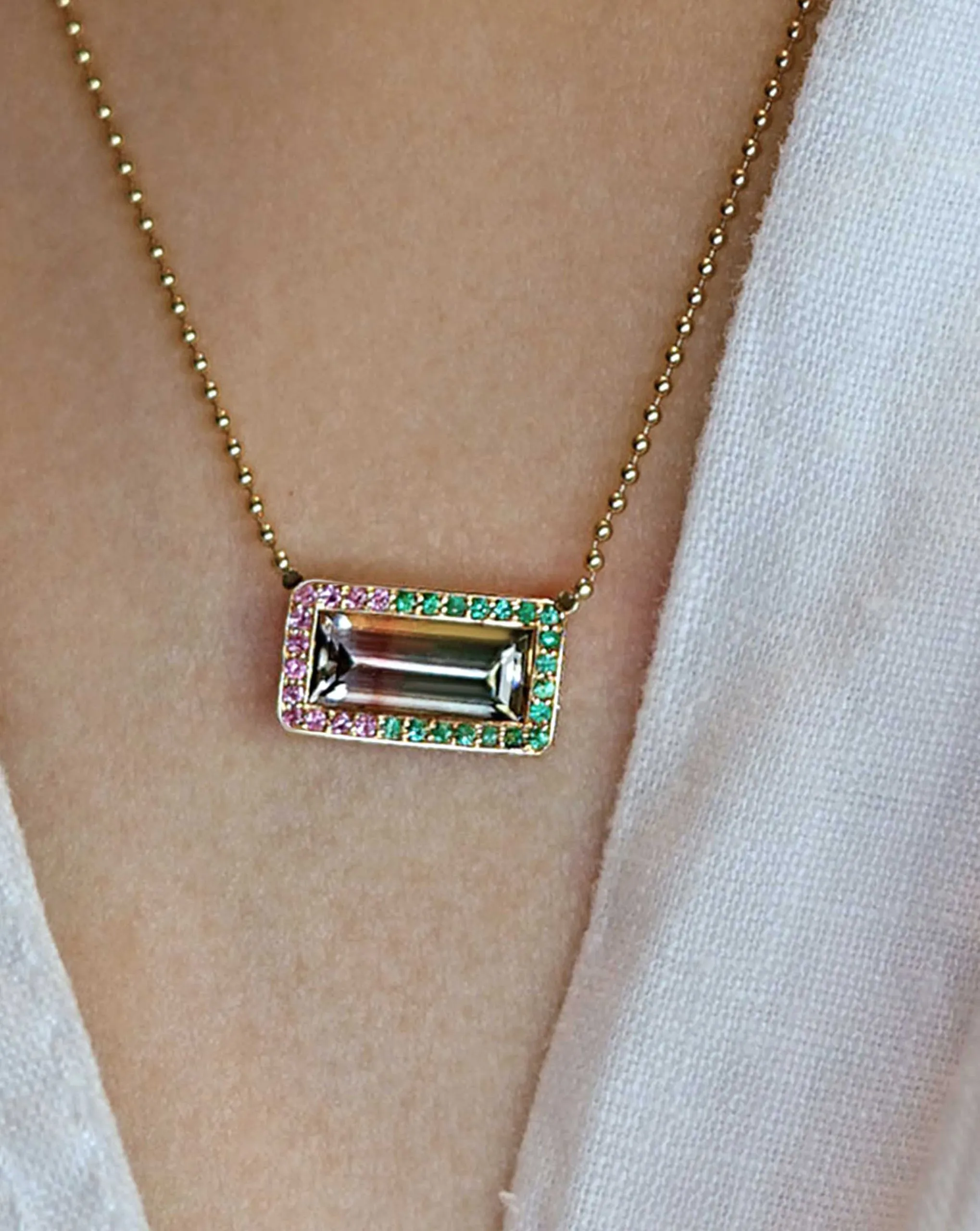 Watermelon tourmaline necklace with pink sapphires, emeralds and diamonds by Lena Cohen Jewelry